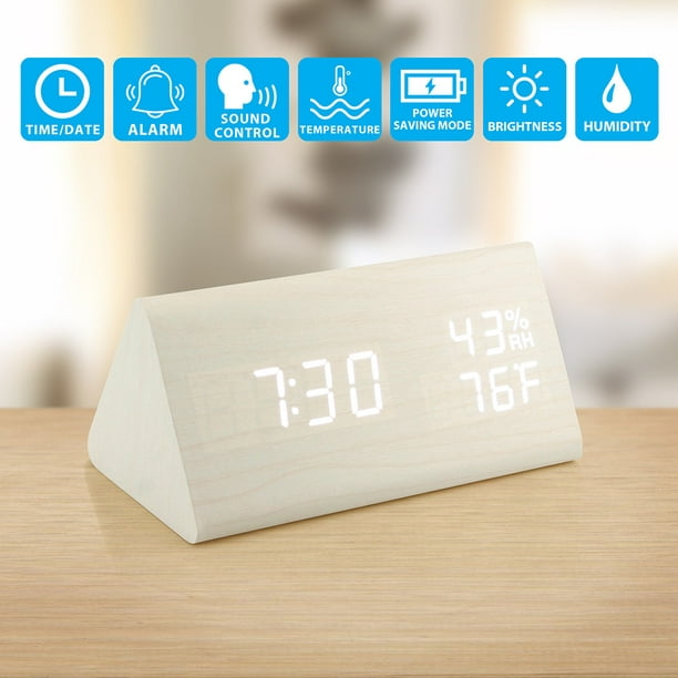 Voice Control LED Display Temperature Digital Wood Wooden Alarm Clock NEW